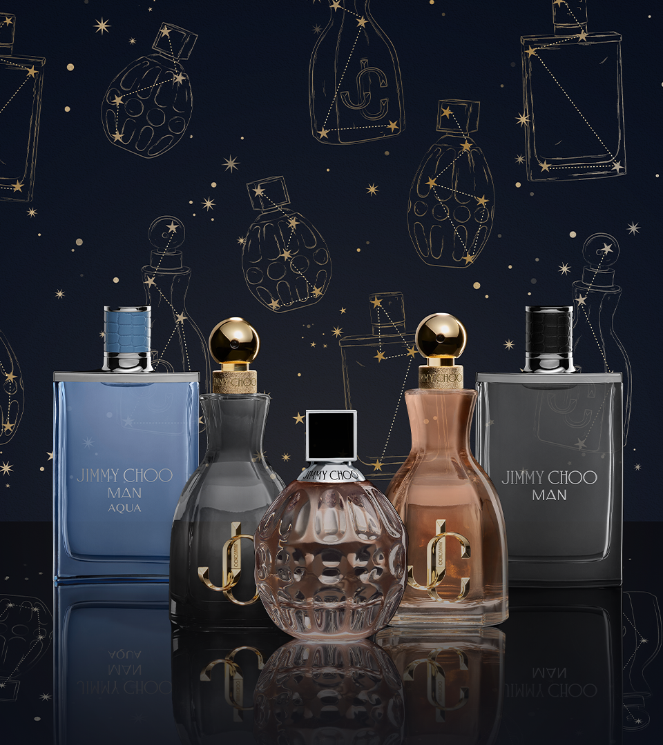 Mock-up photography of five Jimmy Choo perfumes in front of a sky with constellations and stars