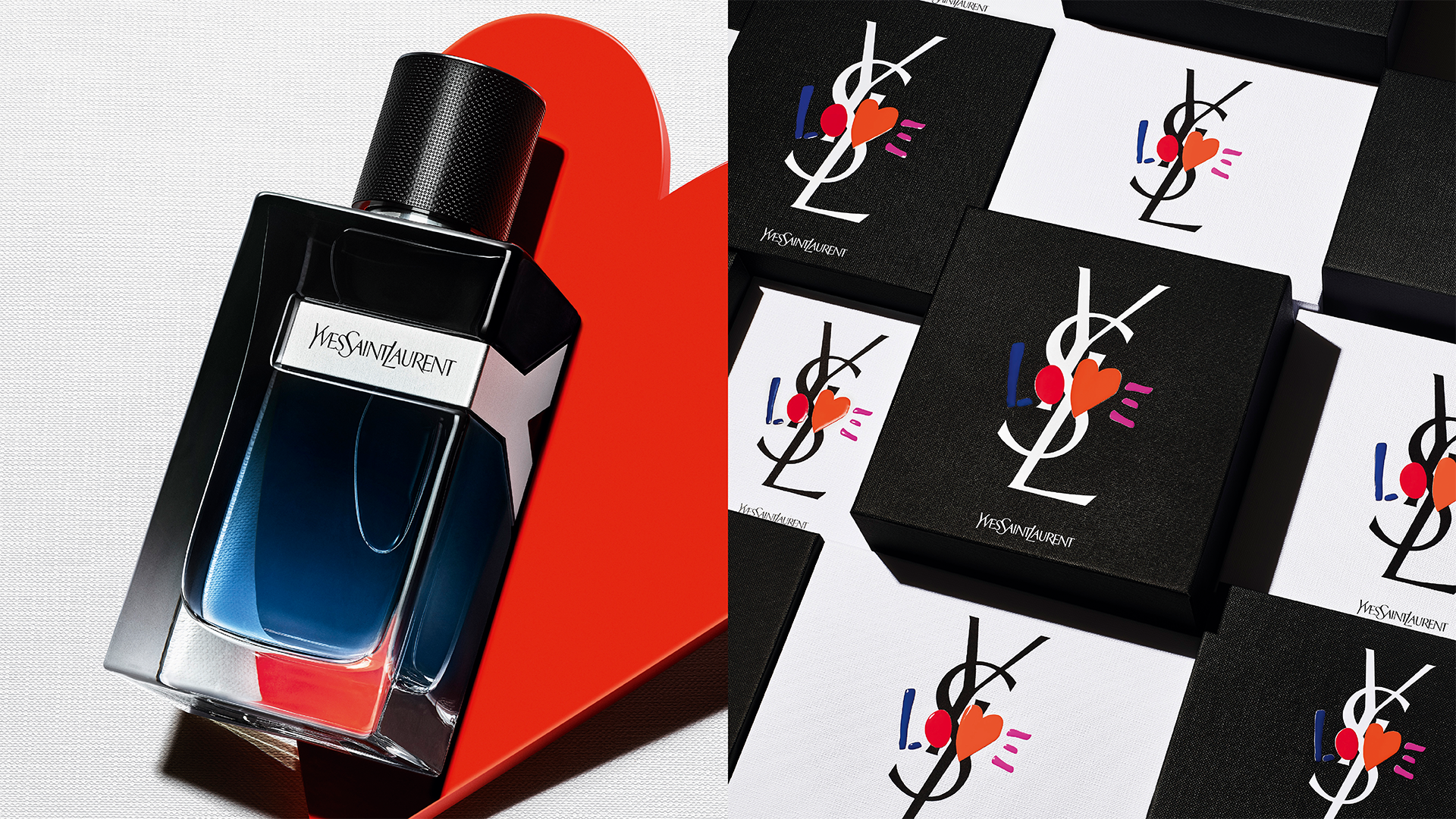 Photography of Y perfume from Yves Saint Laurent brand with the wrapping/ box of father's day animation - Love, heart, YSL